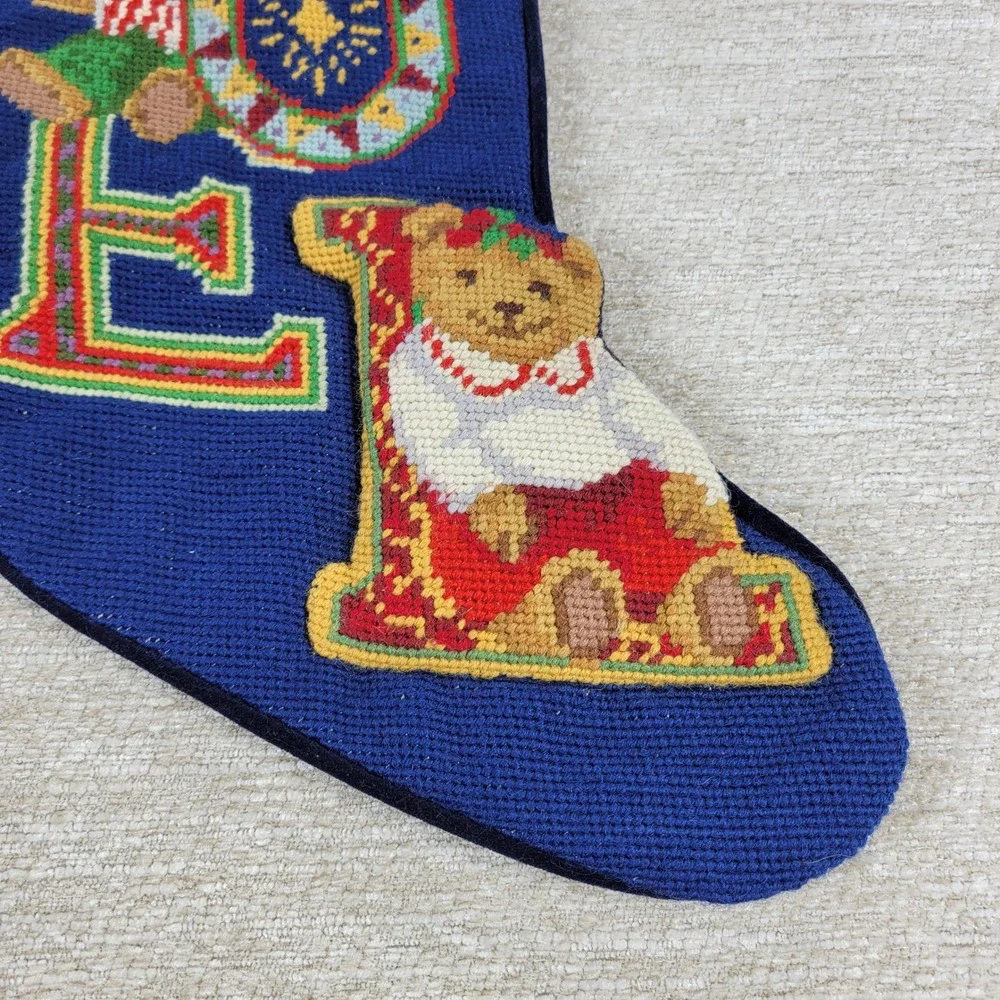 NOEL Needlepoint Christmas Stocking Velvet Wool Teddy Bear Embroidered Vintage